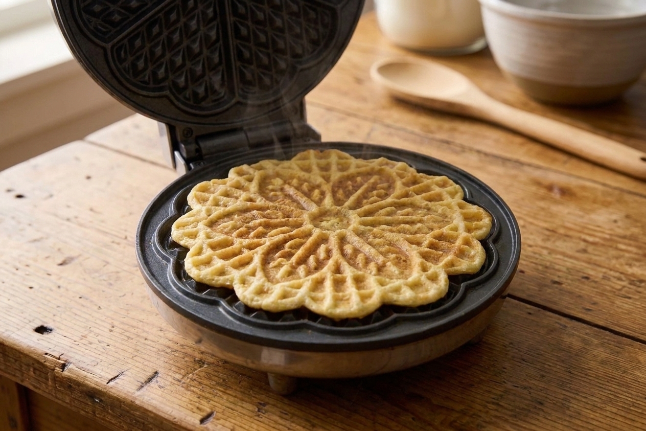 Pizzelle cooking in an open pizzelle iron with the patterned cookie just turned golden