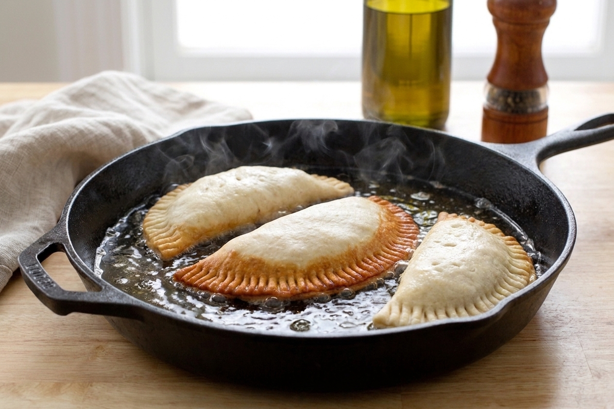 Pizzoli hand pies sizzling in a skillet with bubbling oil, turning golden brown along the crimped edges