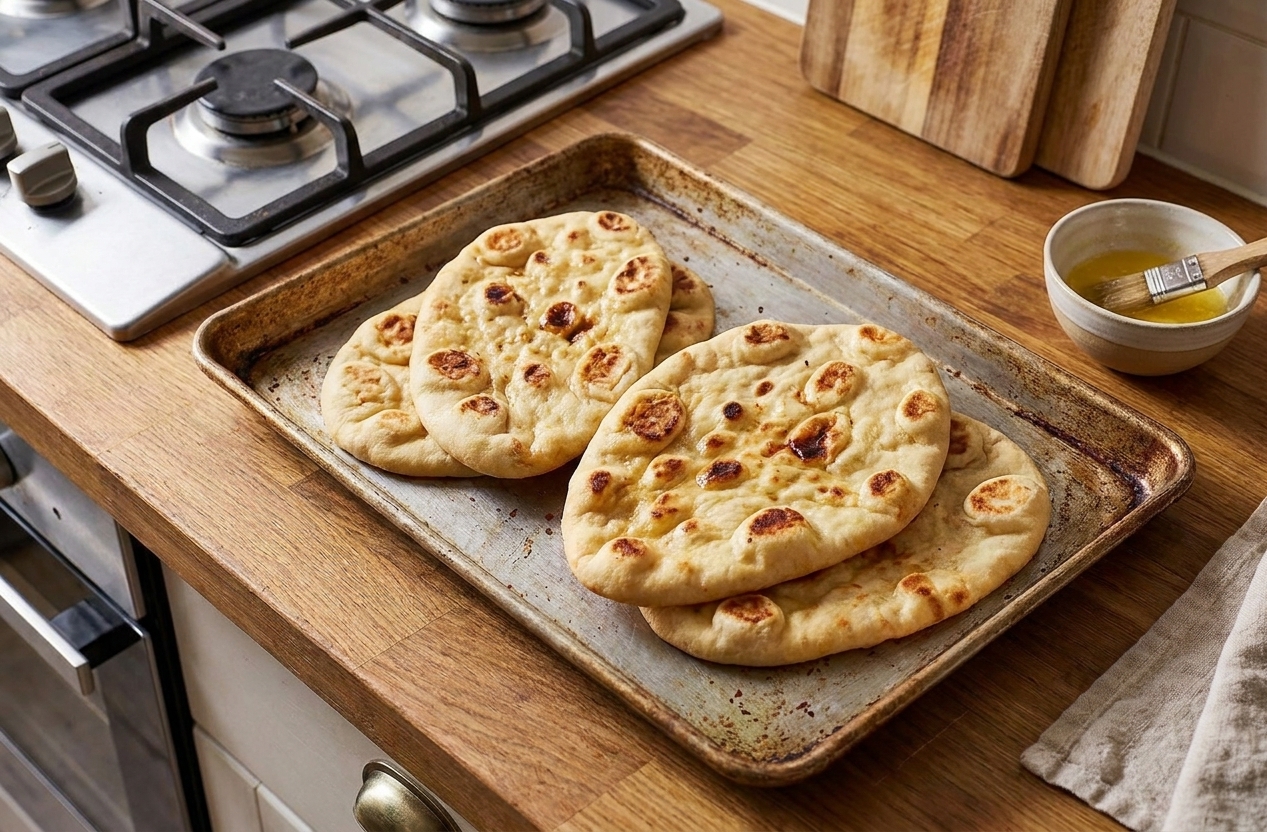 Plain naan breads sitting on a sheet pan, ready to toast