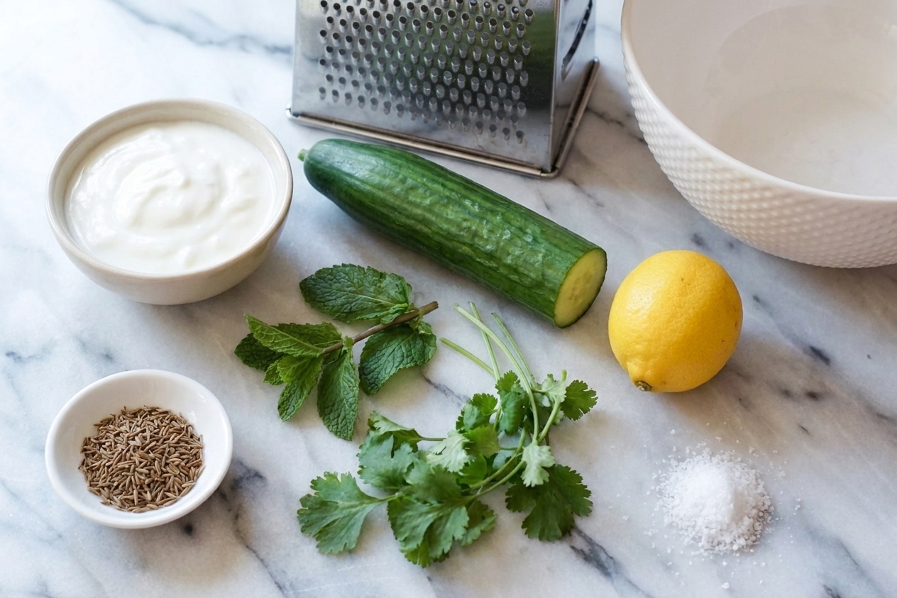 Plain yogurt, cucumbers, fresh mint, cilantro, lemon, cumin, and salt arranged on a clean kitchen counter
