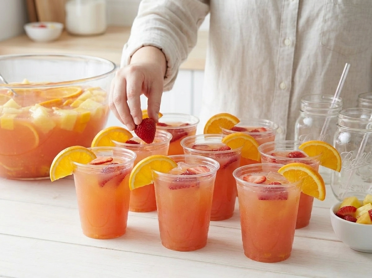 Plastic party cups filled with jungle juice, garnished with citrus wedges and strawberries on a simple table setting
