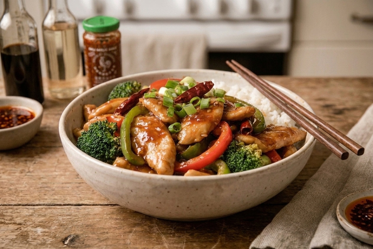 Plated Hunan chicken over white rice with chopsticks and a simple dinner table setting