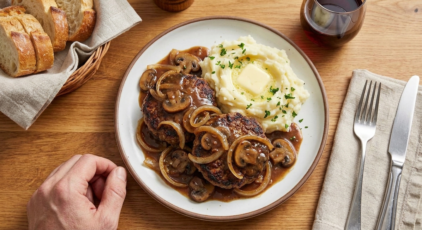 Plated Salisbury steak with onion mushroom gravy next to creamy mashed potatoes on a simple dinner table setting