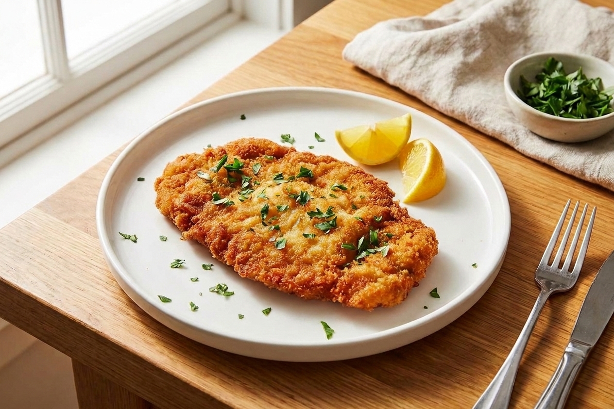Plated Wiener schnitzel with lemon wedges and chopped parsley on a simple dinner table setting, fork and knife beside the plate