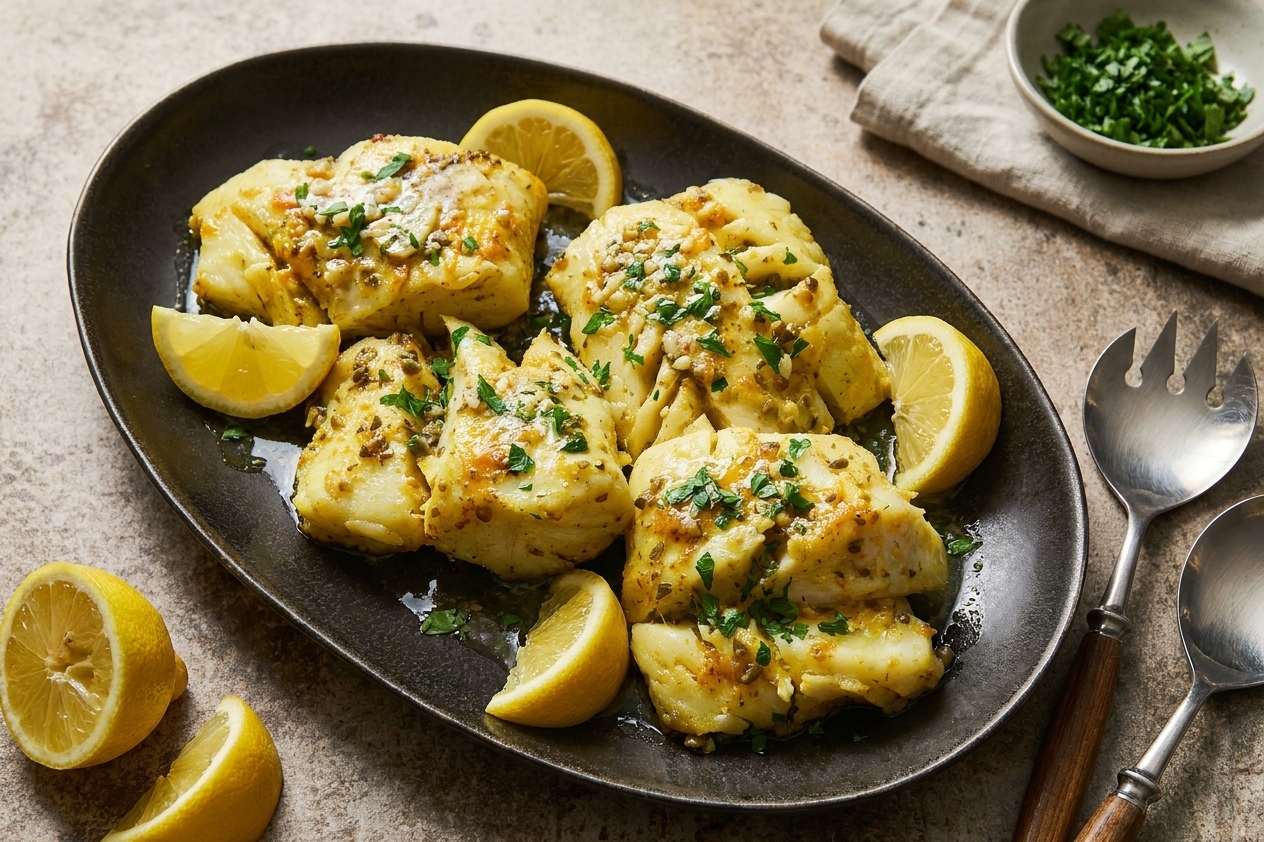 Plated air fryer cod topped with lemon-garlic butter and chopped parsley with lemon wedges on the side on a simple dinner table