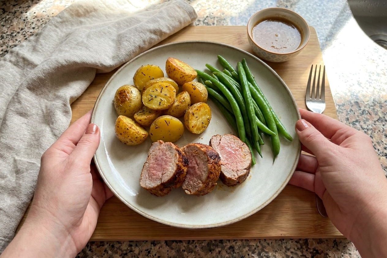 Plated air fryer pork tenderloin medallions served with roasted potatoes and green beans on a ceramic plate at a simple dinner table setting