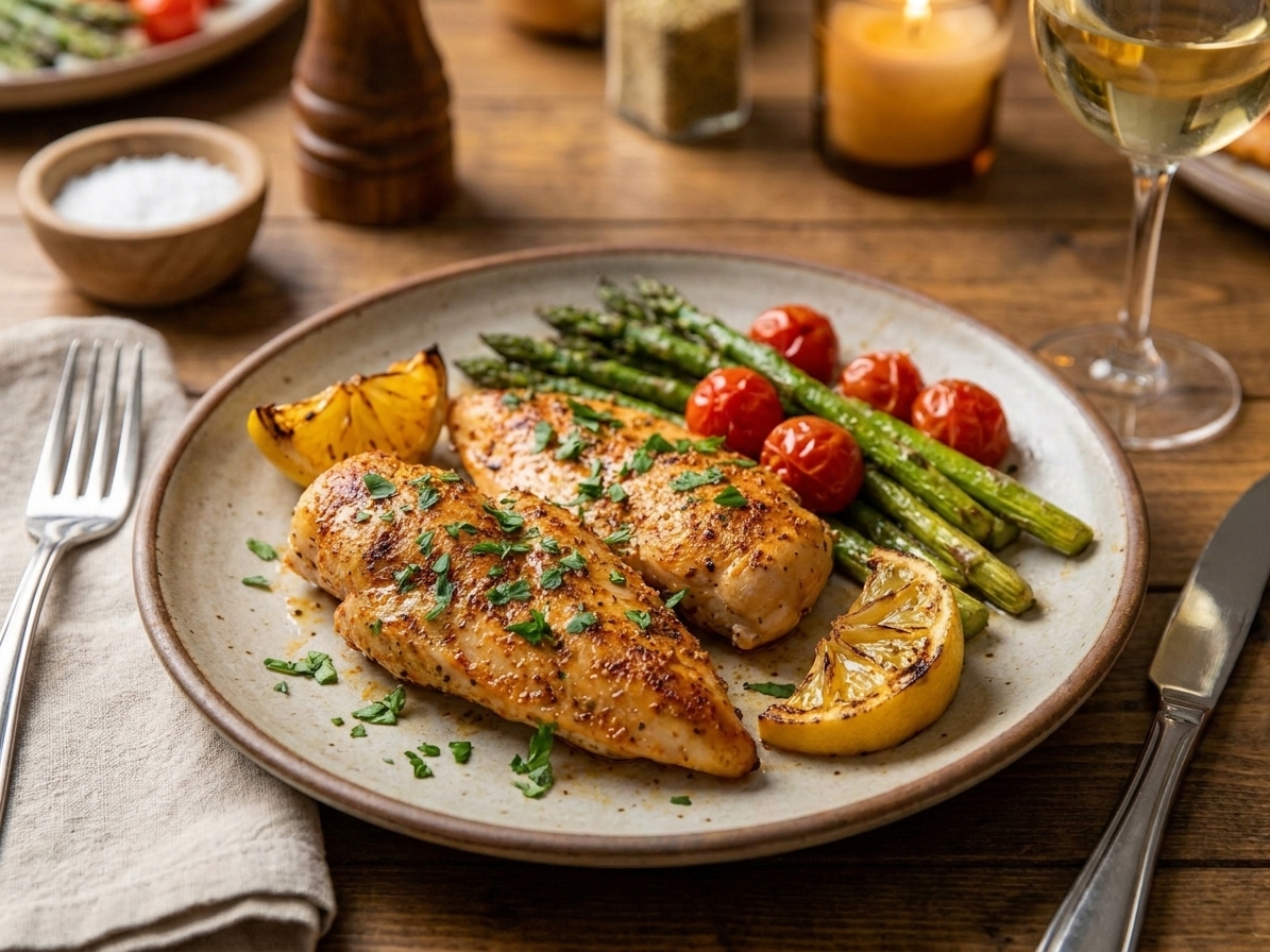 Plated baked chicken tenderloins with lemon wedges and a simple side on a dinner table with warm, cozy lighting