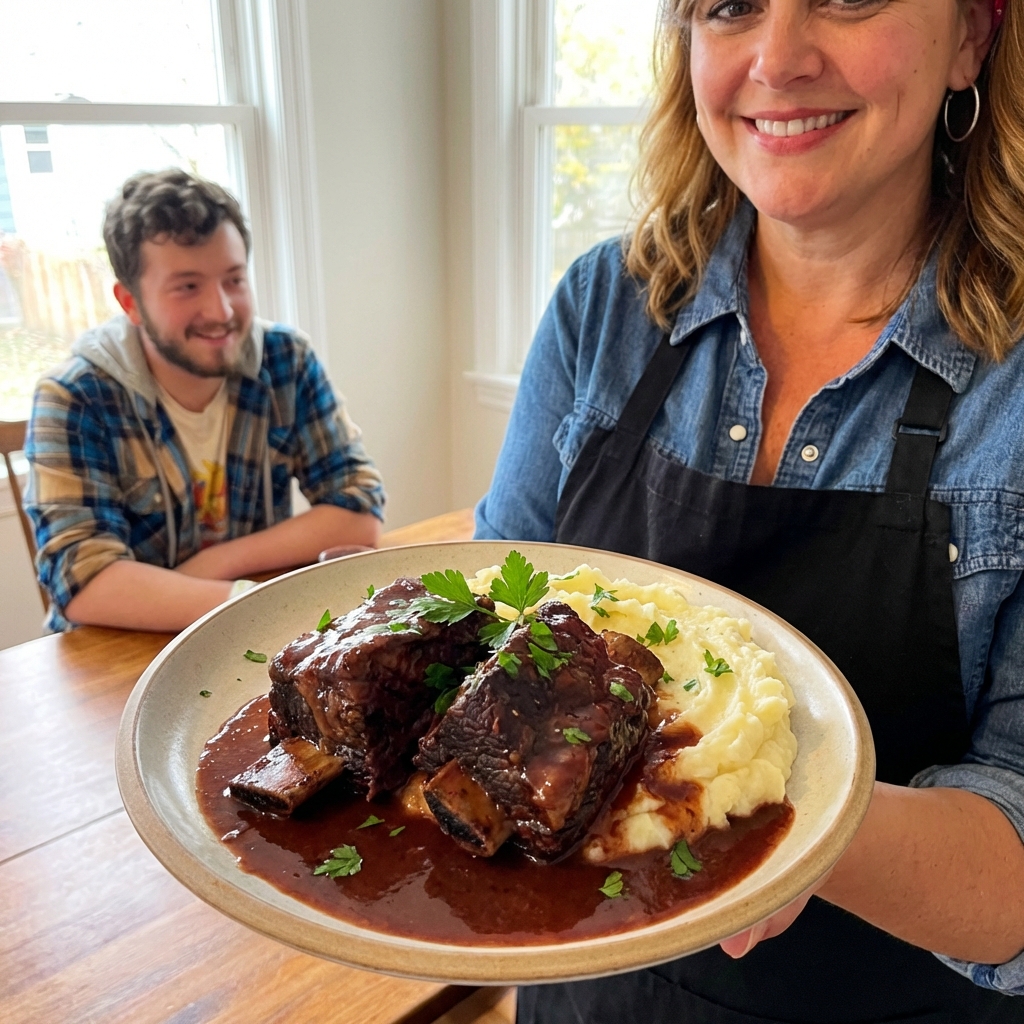 Plated braised beef short ribs with mashed potatoes and red wine sauce