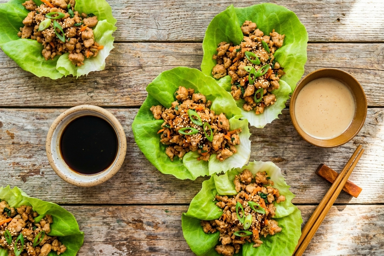 Plated butter lettuce cups filled with chicken mixture, garnished with green onions and sesame seeds, set on a wooden table with small dipping bowls