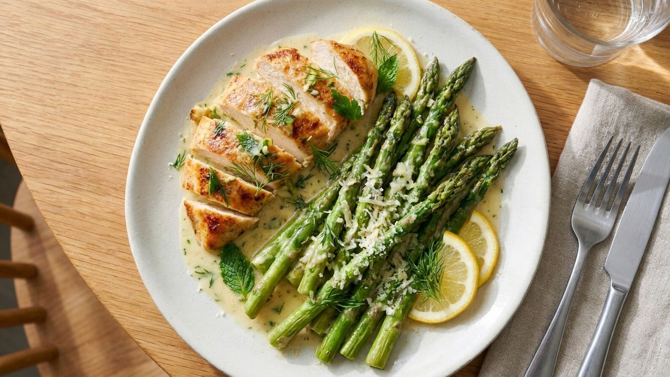 Plated chicken and asparagus coated in creamy lemon Parmesan sauce on a simple dinner plate at a table setting