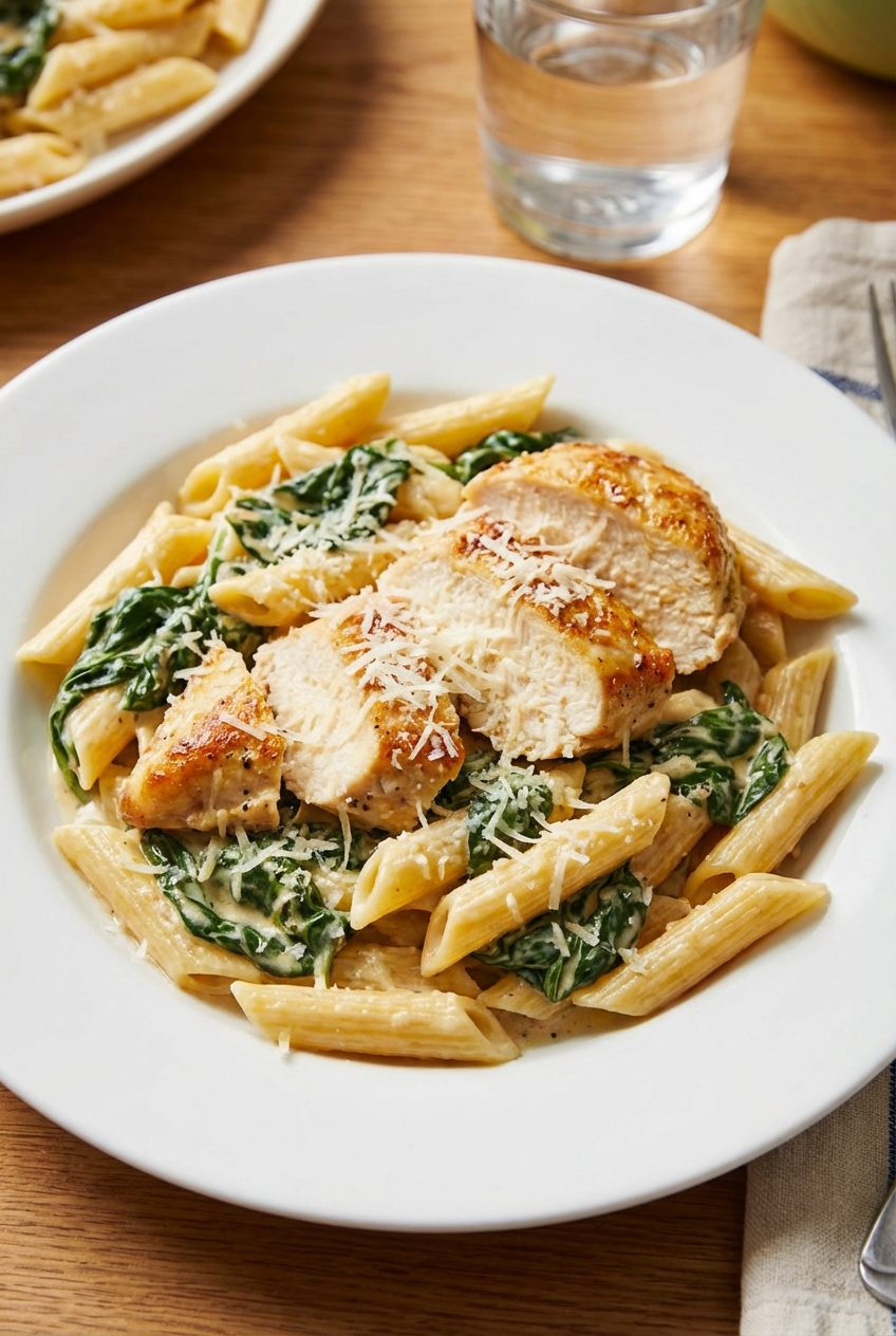 Plated chicken and spinach in creamy sauce served over pasta with grated Parmesan