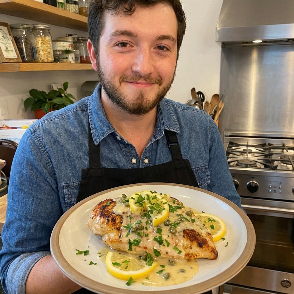 Plated chicken breast topped with creamy lemon caper sauce and parsley on a dinner plate