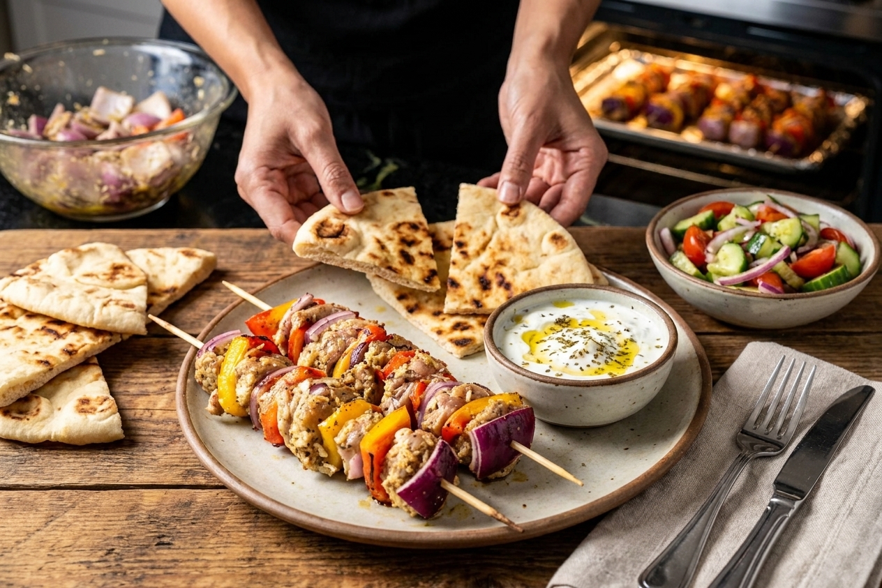 Plated chicken kababs served with warm pita, a small bowl of yogurt sauce, and a simple cucumber tomato salad on a dinner table