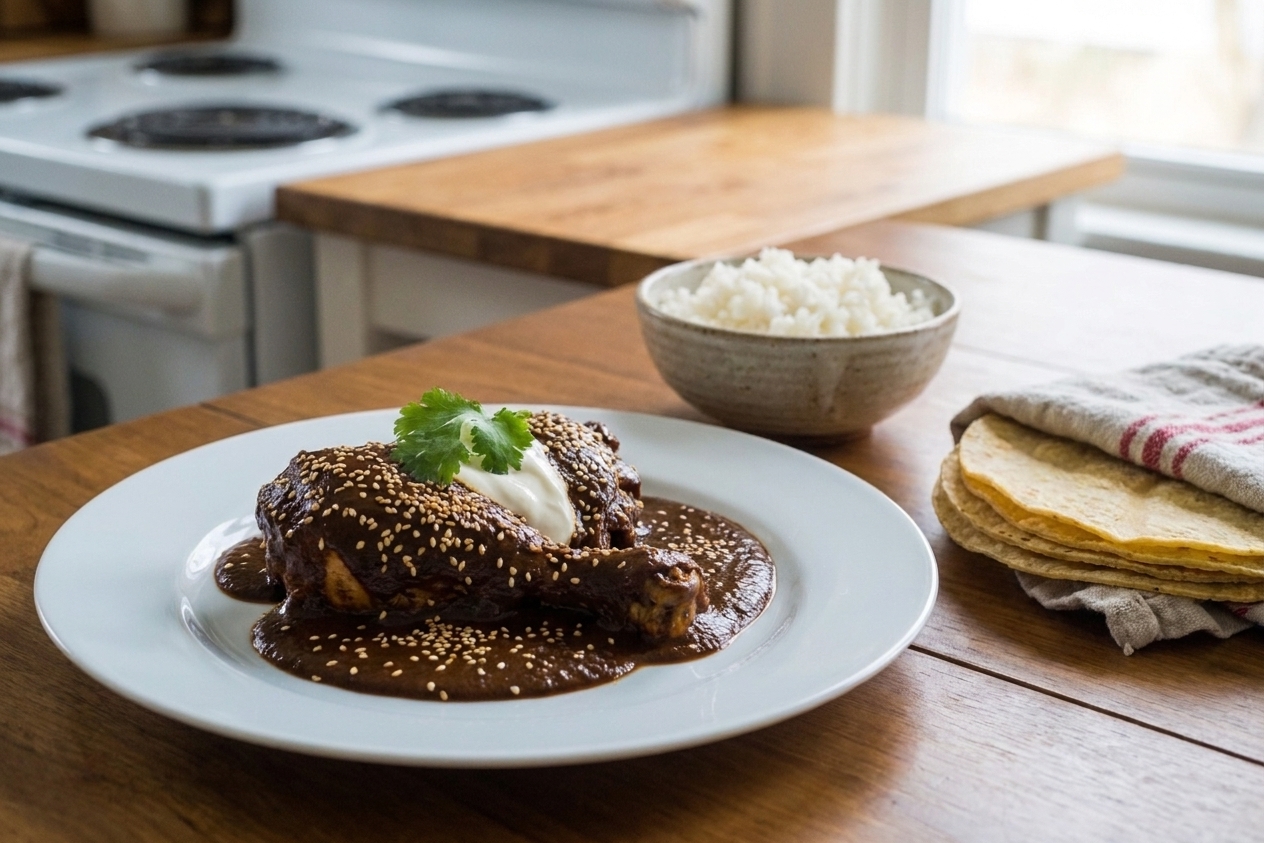 Plated chicken mole topped with sesame seeds served with warm tortillas and a small bowl of rice on a dinner table