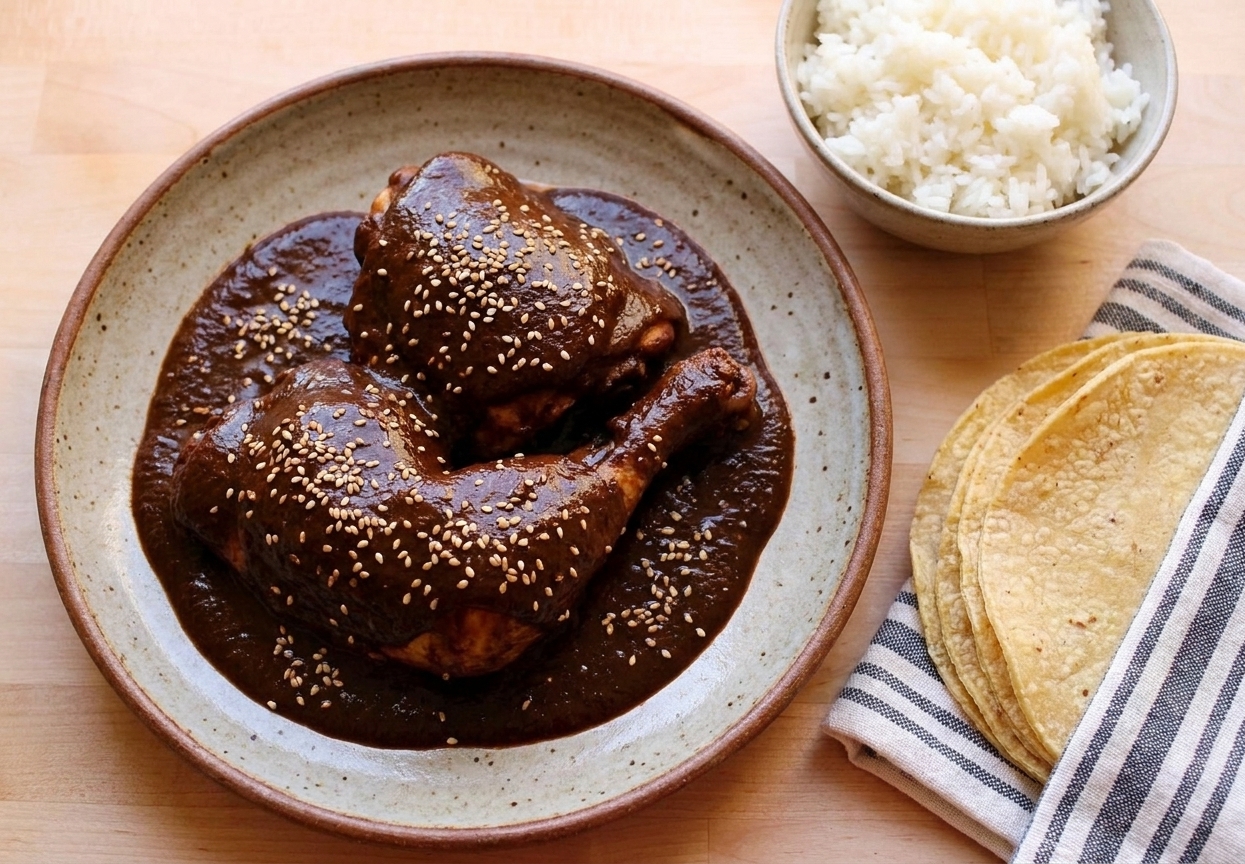 Plated chicken mole topped with sesame seeds, served with warm corn tortillas and a side of rice on a simple ceramic plate