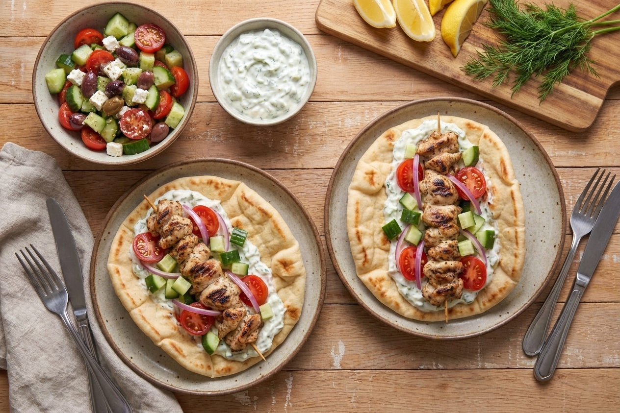 Plated chicken souvllaki skewers with pita, tzatziki, cucumber salad, and a simple table setting in warm kitchen lighting