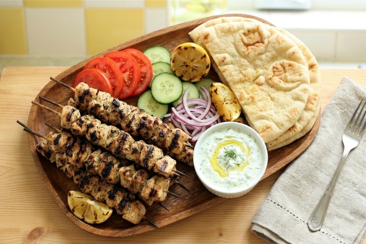 Plated chicken souvlaki skewers with warm pita, sliced tomatoes and cucumbers, red onion, and a small bowl of tzatziki on a simple dinner table