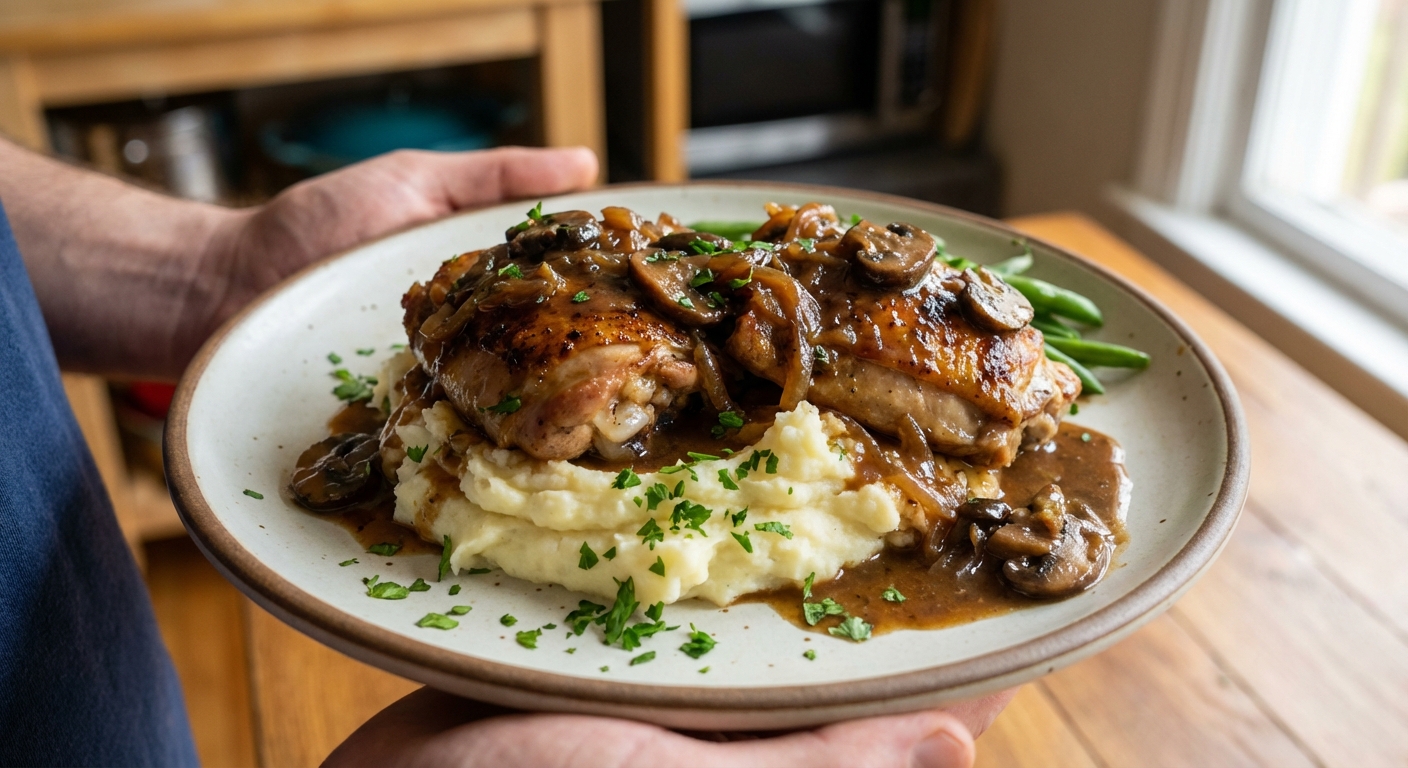Plated chicken thighs with mushroom onion gravy served over mashed potatoes with parsley