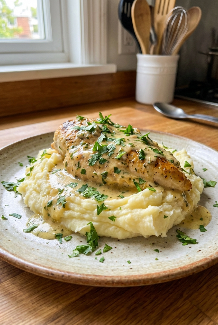 Plated chicken with creamy lemon herb sauce over fluffy mashed potatoes with parsley on top