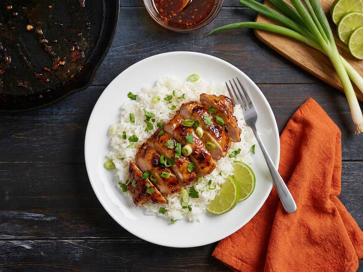 Plated chipotle honey chicken sliced over rice with lime wedges and cilantro on a simple dinner table setting