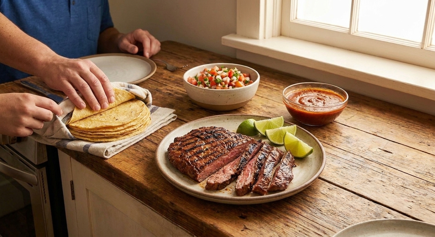 Plated chipotle steak served with warm tortillas, pico de gallo, and lime wedges on a simple family dinner table