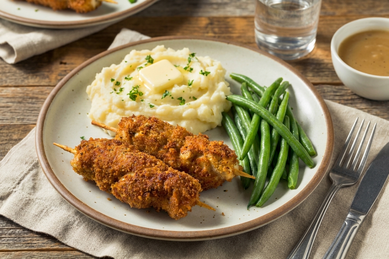 Plated city chicken skewers served with mashed potatoes and green beans on a simple family dinner table