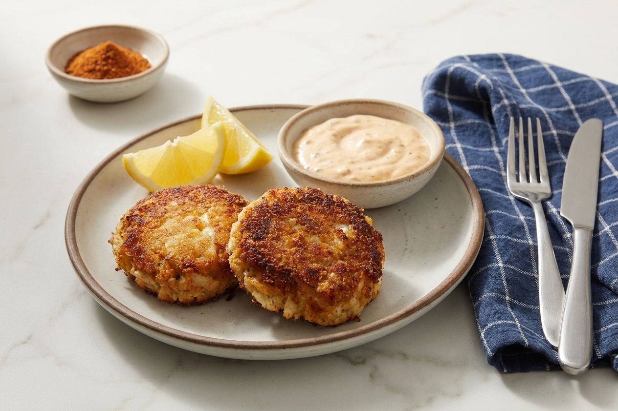 Plated crab cakes with lemon wedges and a small bowl of creamy sauce on a simple dinner table setting
