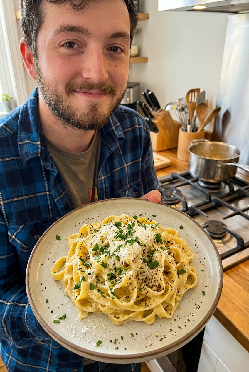 Plated creamy pasta with Parmesan, herbs, and cracked black pepper