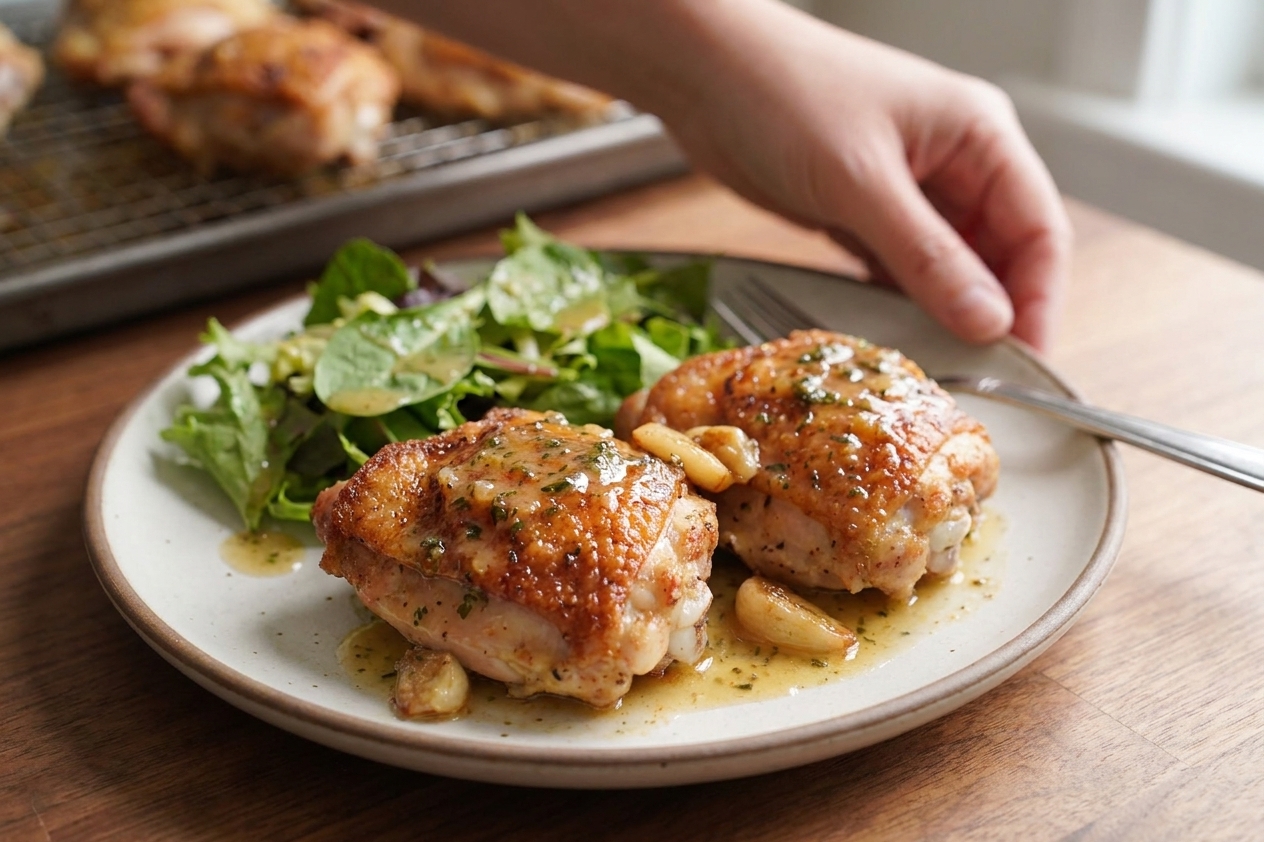 Plated crispy cast iron chicken thighs topped with lemon-garlic pan sauce on a dinner plate with a simple green salad on a wooden table