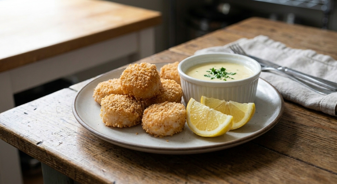 Plated crispy fried scallops with lemon wedges and a small bowl of creamy lemon dipping sauce on a simple dinner table setting