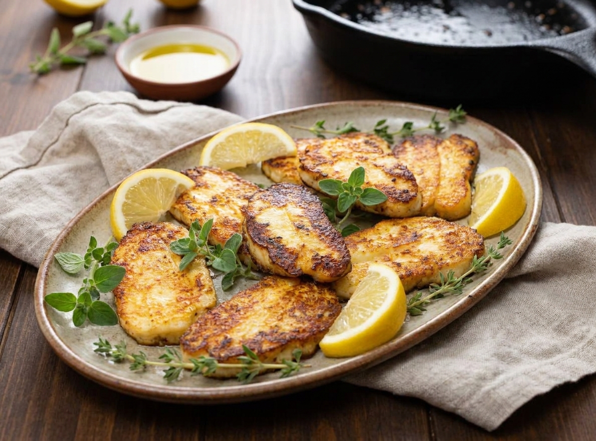 Plated crispy halloumi slices arranged on a serving dish with lemon wedges and herbs on a dinner table