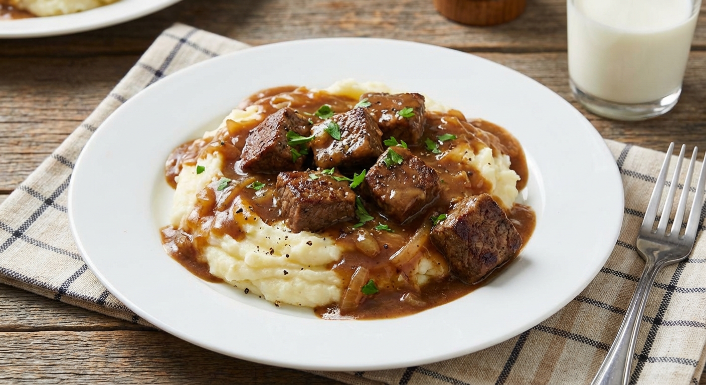 Plated cube steak with brown gravy served over mashed potatoes on a white plate