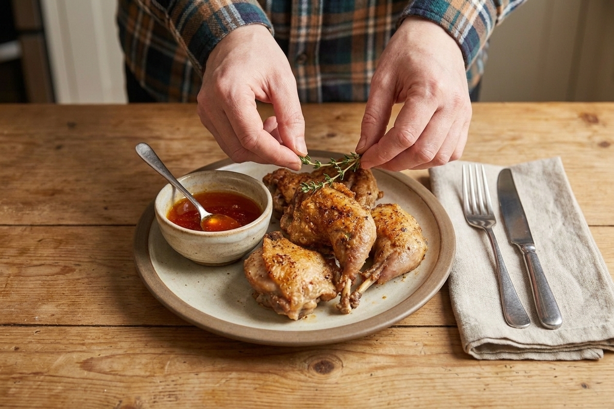 Plated fried squirrel with a small bowl of hot honey and a simple dinner table setting with napkins and utensils