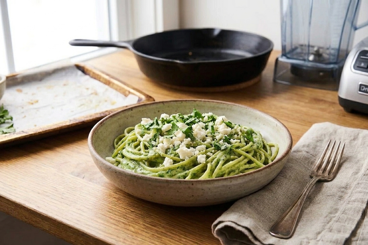 Plated green spaghetti topped with crumbled queso fresco and cilantro on a simple ceramic plate