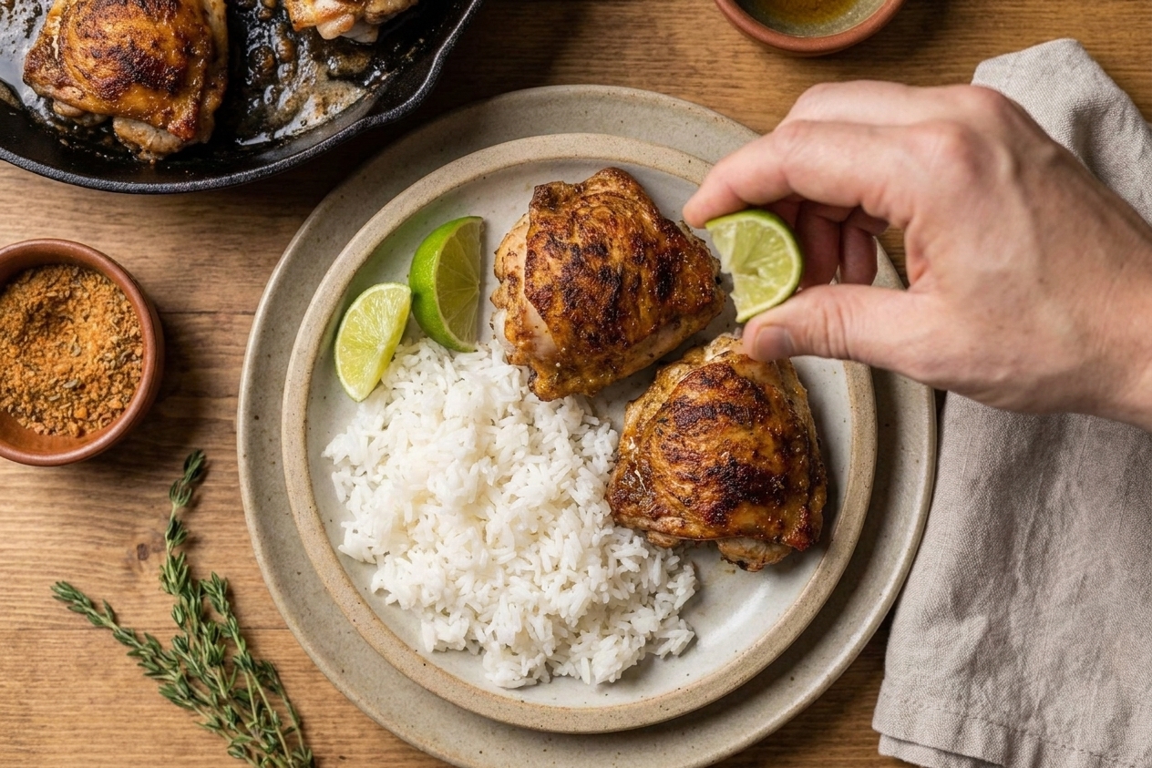 Plated jerk-seasoned chicken served with rice and lime wedges on a simple dinner table setting