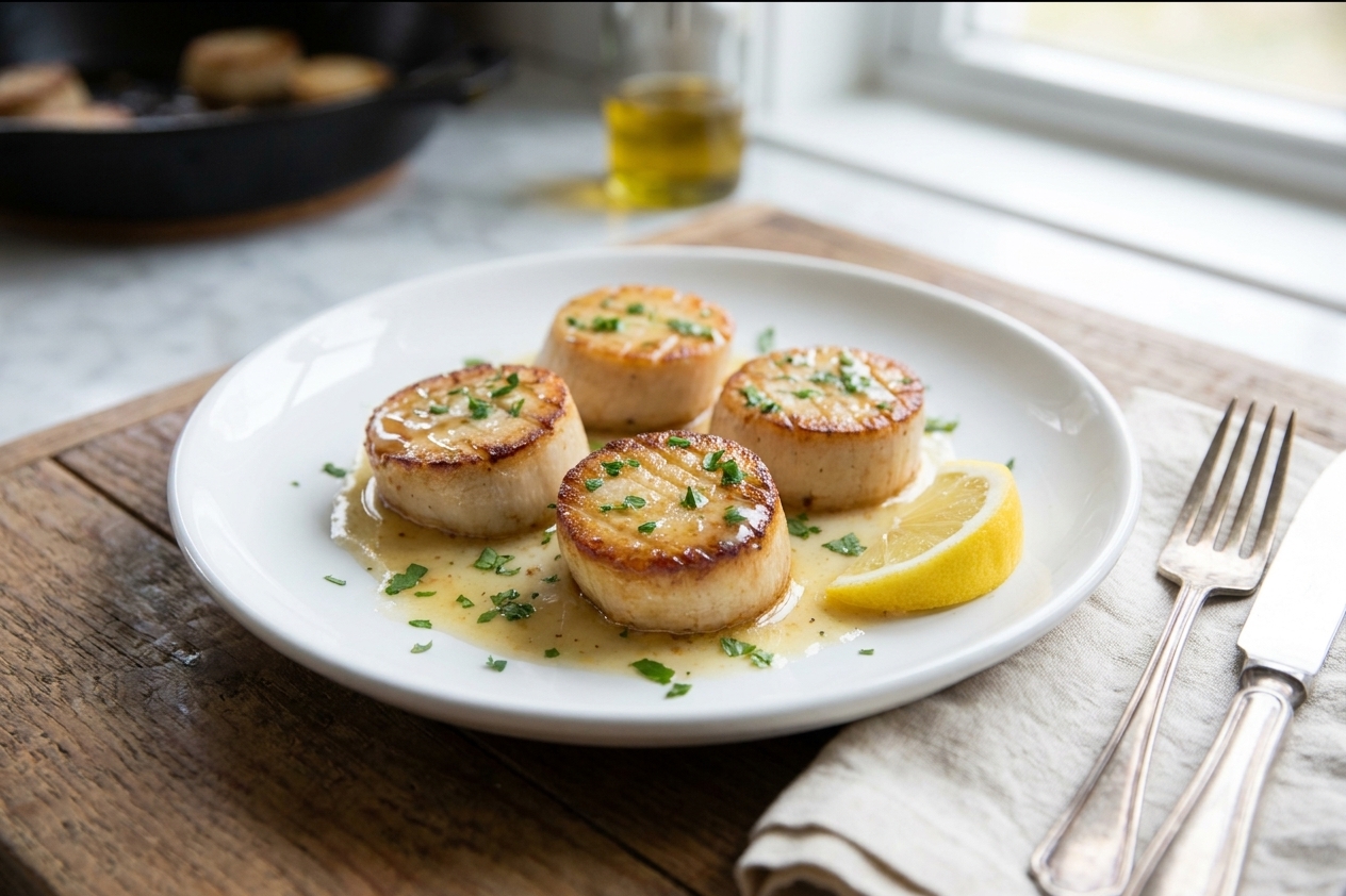 Plated king oyster mushroom scallops on a white plate with glossy lemon butter sauce, parsley, and a lemon wedge, set on a simple table setting with a linen napkin
