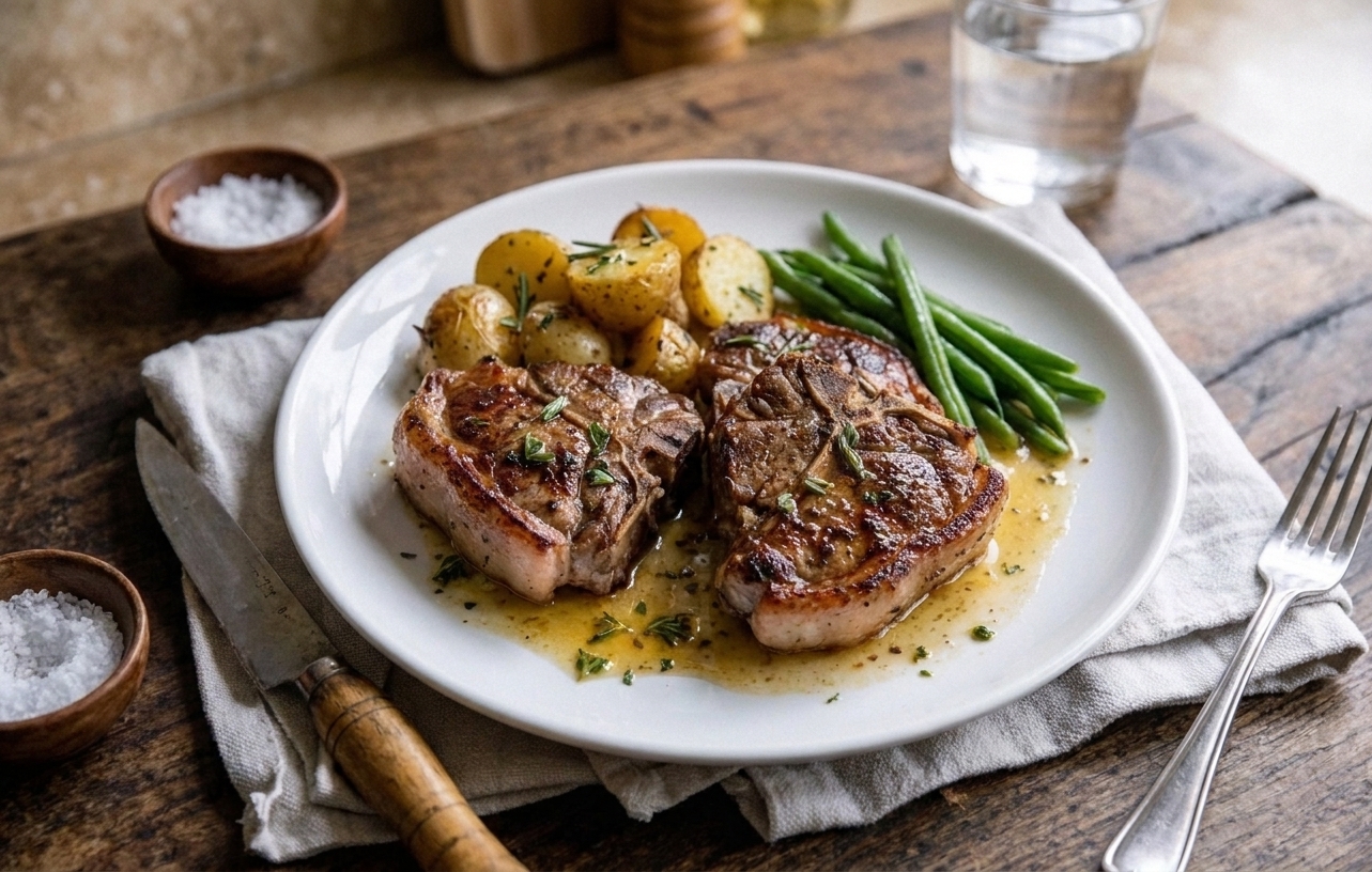Plated lamb loin chops with lemon butter pan sauce and herbs, served with simple sides on a set dinner table