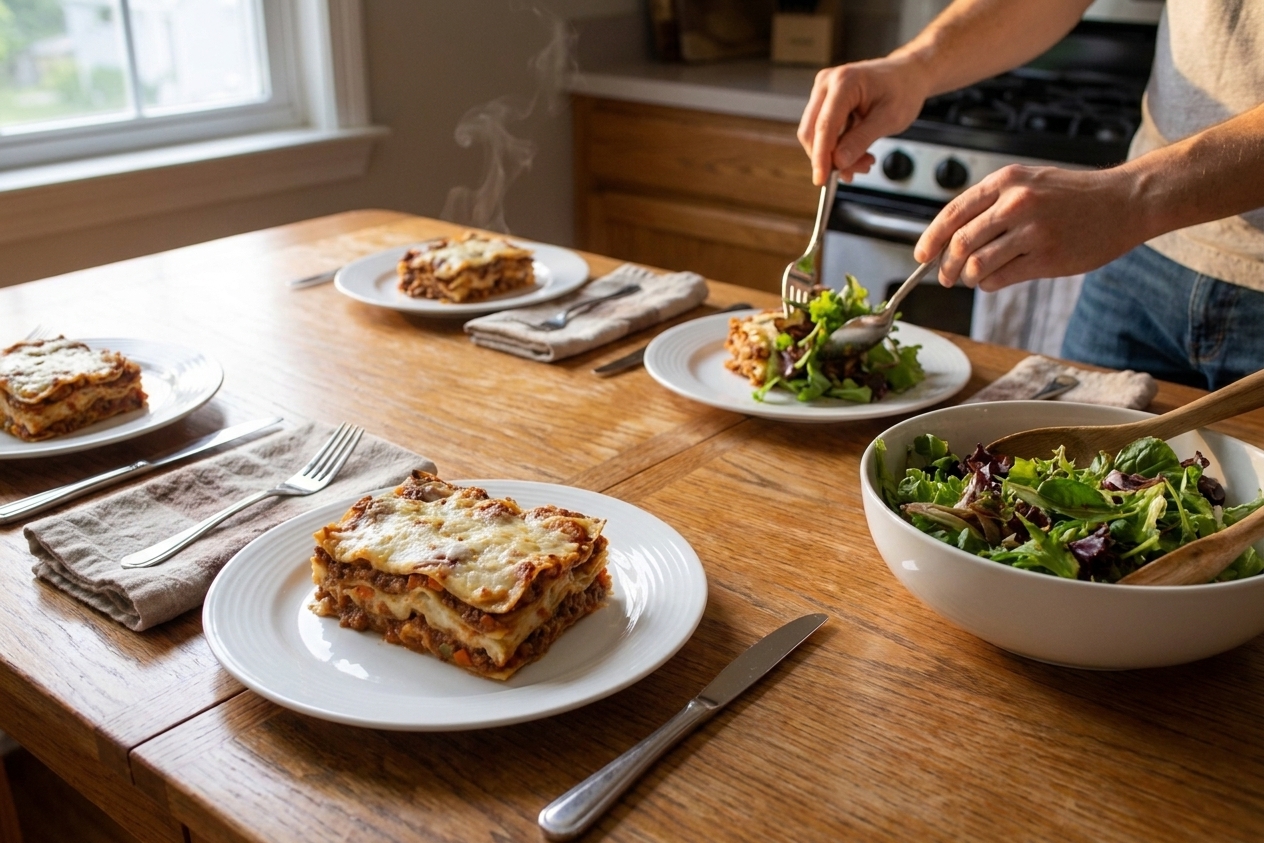 Plated lasagna slices served at a dinner table with simple place settings and a green salad, warm evening light