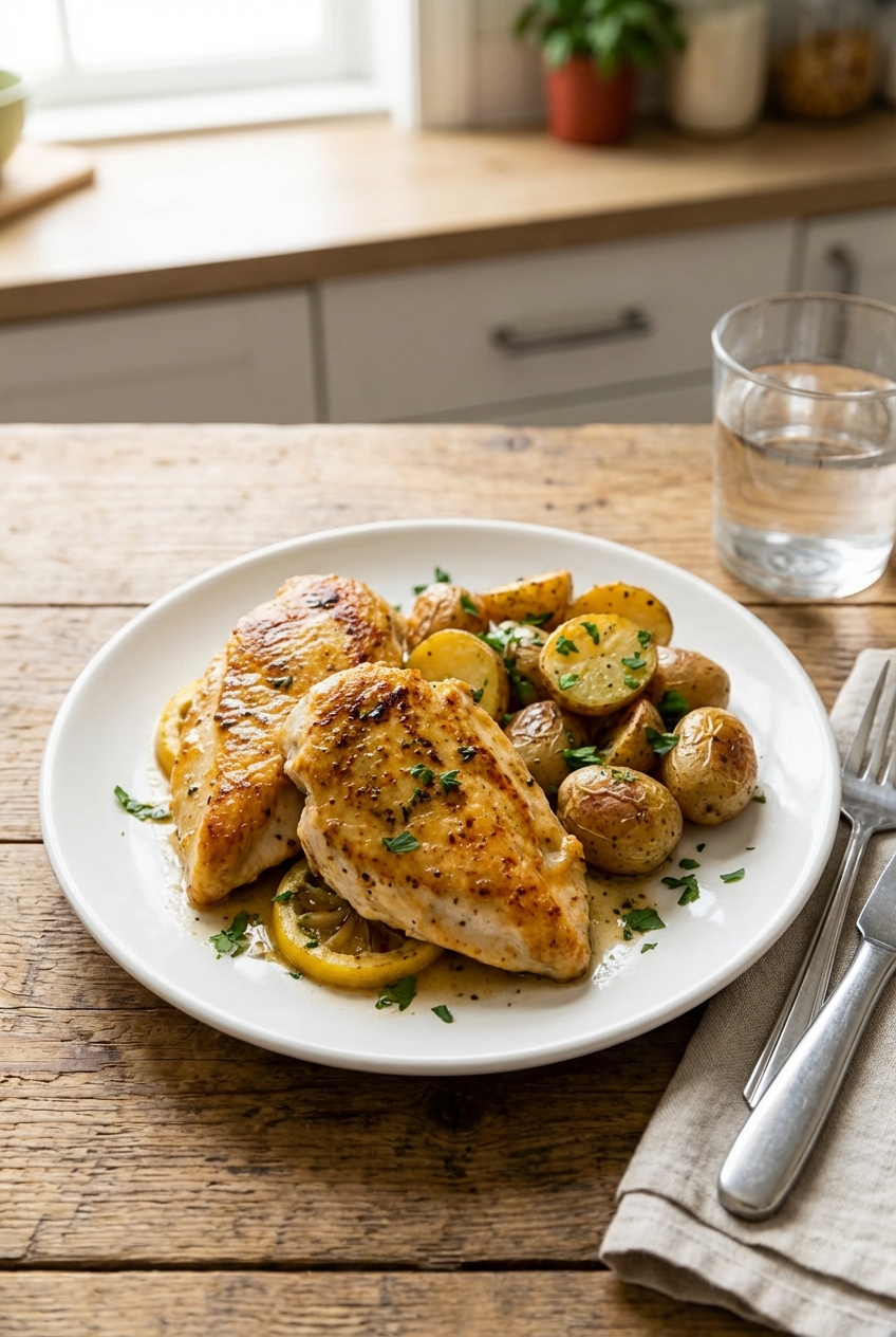 Plated lemon chicken with pan sauce, parsley, and roasted potatoes on a white dinner plate