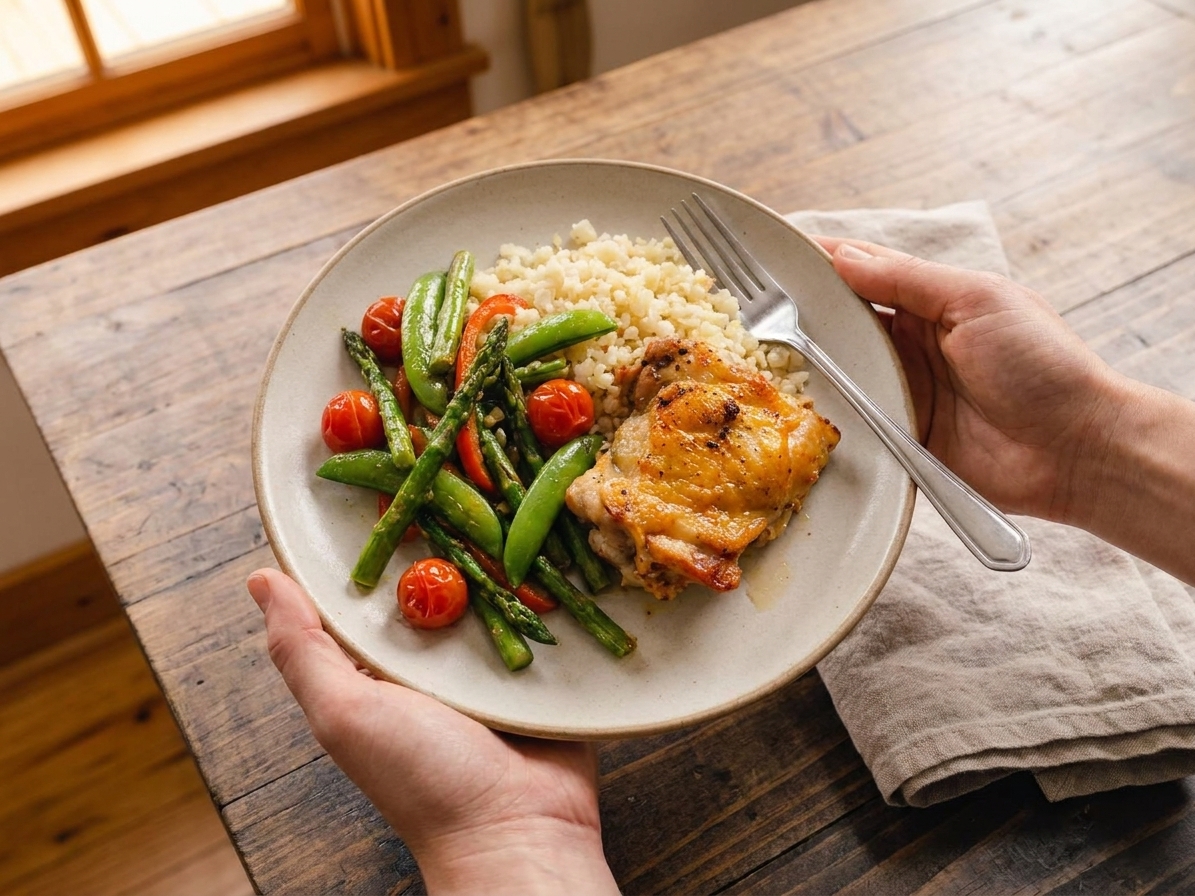 Plated lemon garlic chicken with sautéed vegetables over cauliflower rice, set on a simple table setting with a fork and napkin