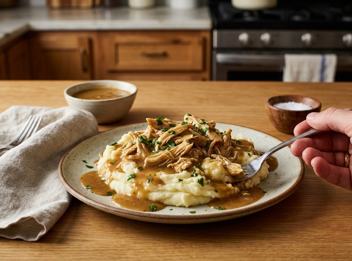 Plated mashed potatoes topped with shredded chicken and thick gravy on a simple dinner table setting