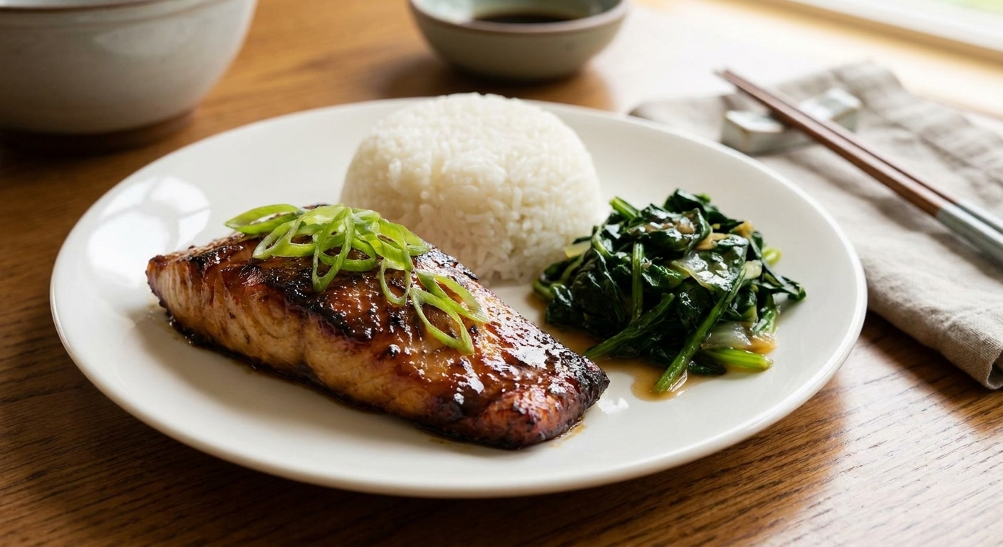 Plated miso cod with steamed rice and sautéed greens, topped with sliced scallions at a simple dinner table setting