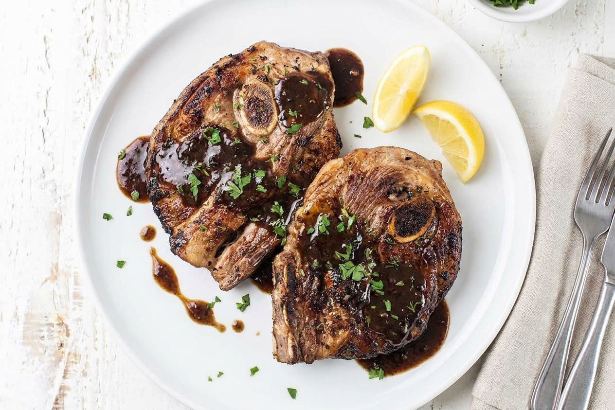 Plated mutton shoulder chops on a white dinner plate with glossy pan sauce spooned over, parsley sprinkled on top, and lemon wedges on the side at a simple table setting