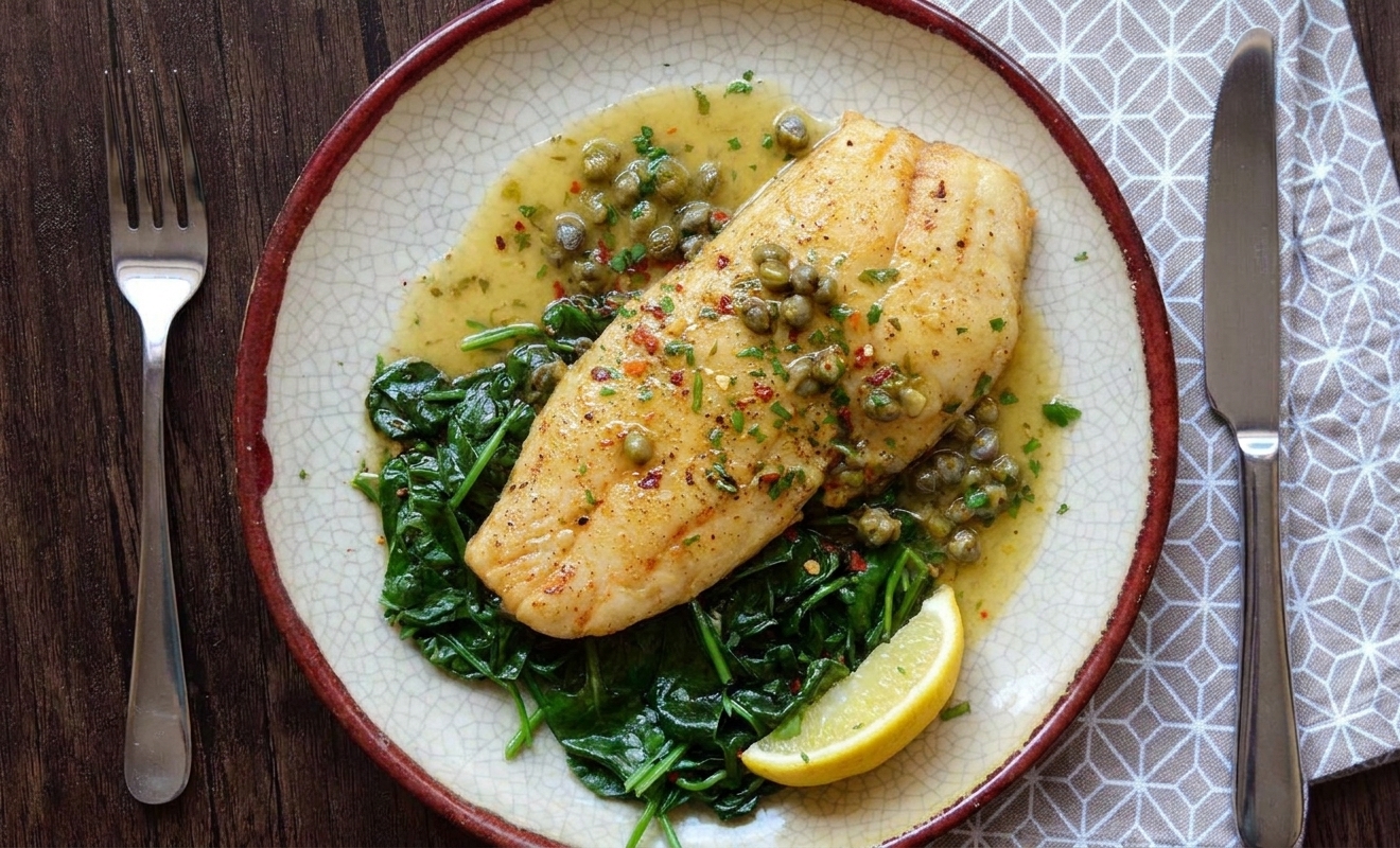 Plated pan-seared grouper topped with lemon caper butter sauce on a dinner table with simple place settings and a lemon wedge