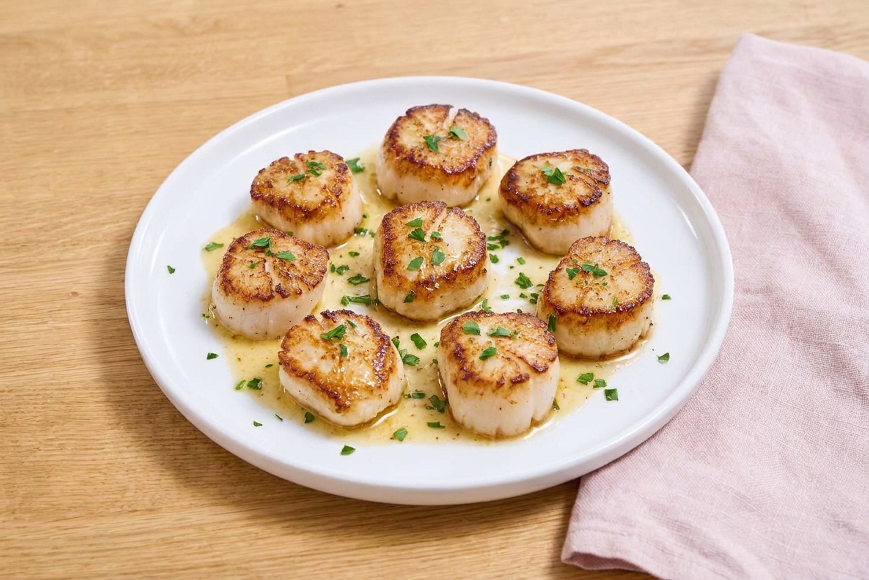 Plated pan-seared scallops on a white dish with lemon butter sauce and parsley, set on a neutral table with a linen napkin