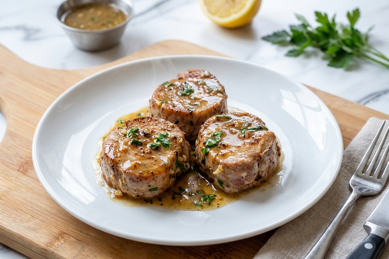 Plated pork tenderloin medallions topped with glossy lemon garlic herb sauce on a simple dinner plate at a wooden table setting