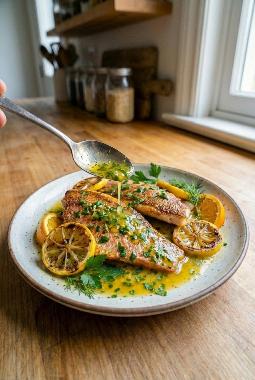 Plated red snapper fillet with citrus herb sauce being spooned over the top