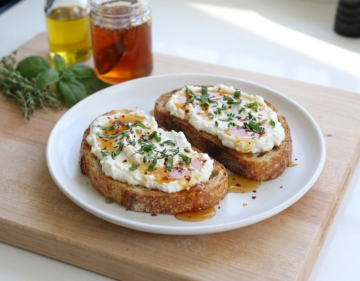 Plated ricotta toasts topped with chopped herbs and a glossy drizzle of hot honey on a simple white plate at a kitchen table