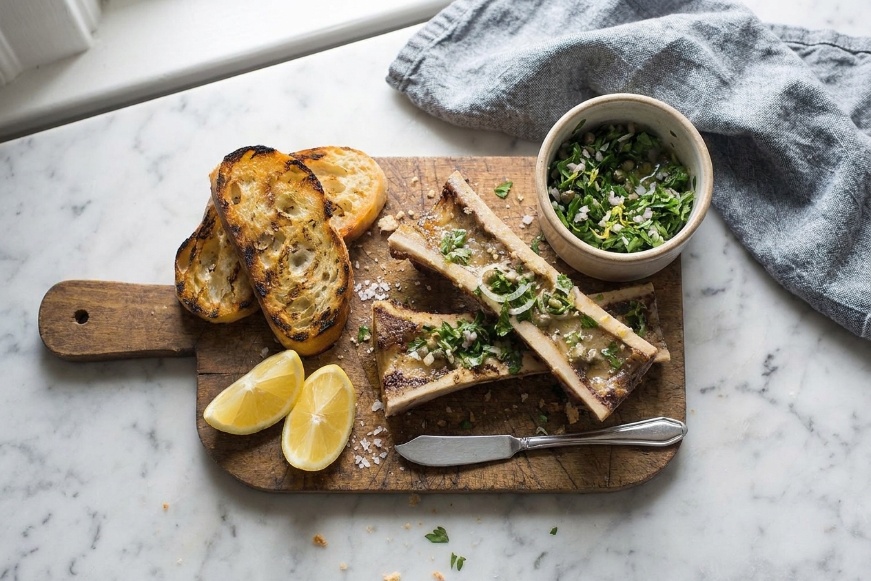 Plated roasted bone marrow topped with parsley salad on a small serving board with toasted bread slices and lemon wedges