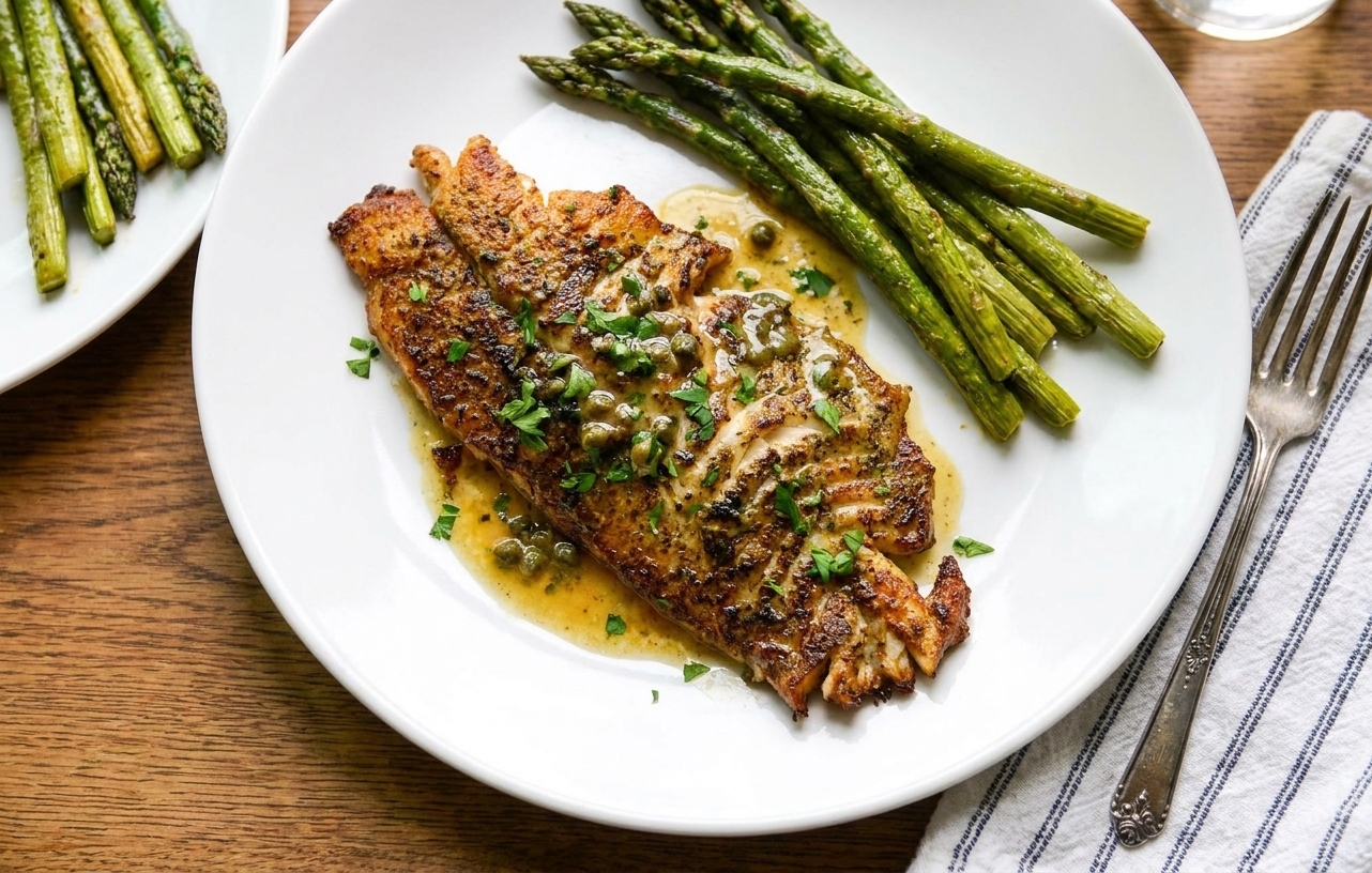 Plated rockfish fillet topped with lemon caper butter sauce and chopped parsley on a white plate next to a simple side dish on a wooden dining table